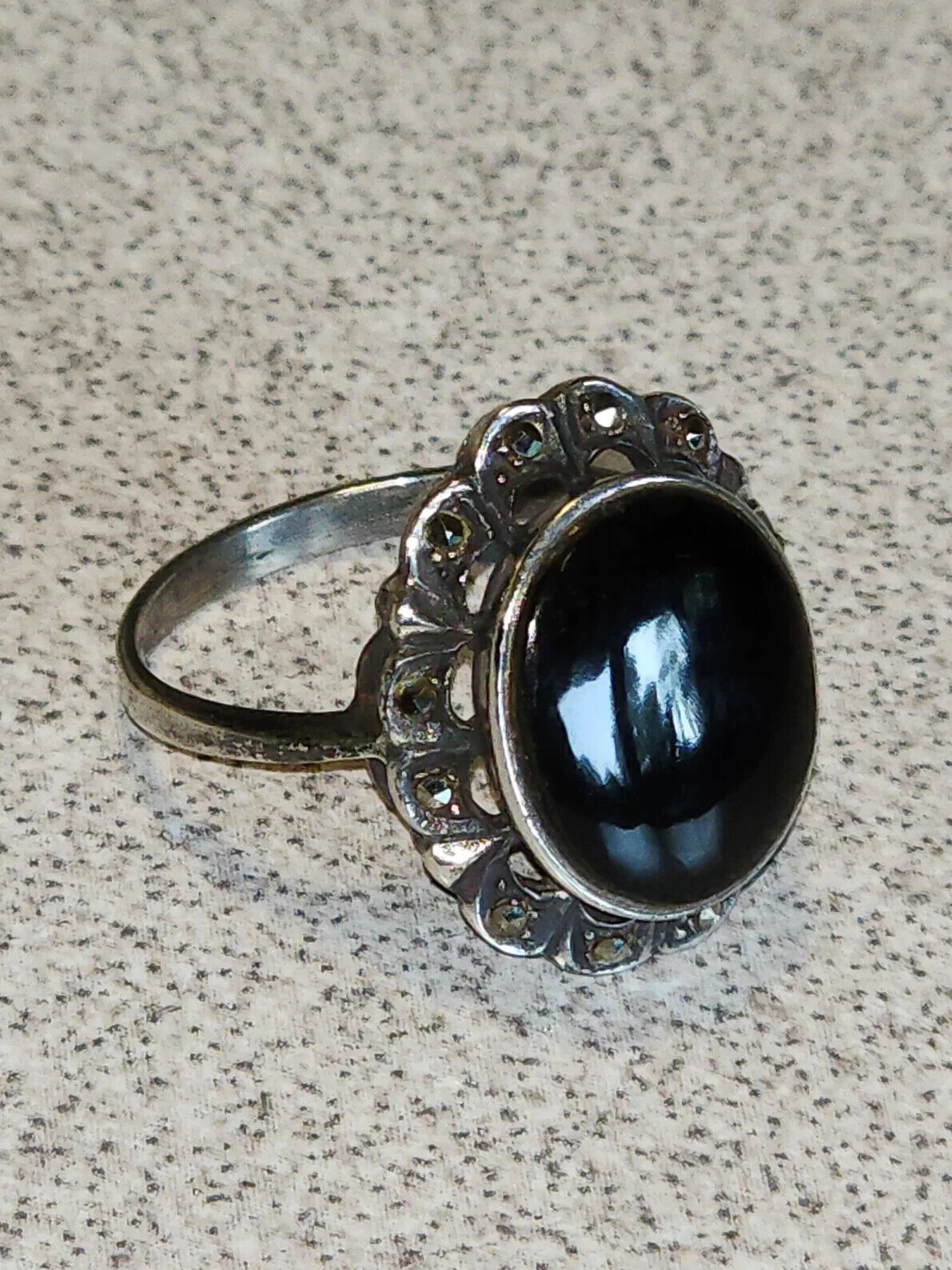 Vintage Marcasite and Black Onyx Oval Sterling Silver Ring, Size 8.25