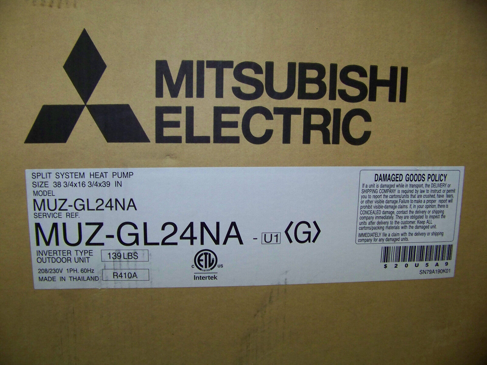 Mitsubishi Electric Split-System Heat Pump 208/230V 60Hz R410A 24kBTU MUZ-GL24NA