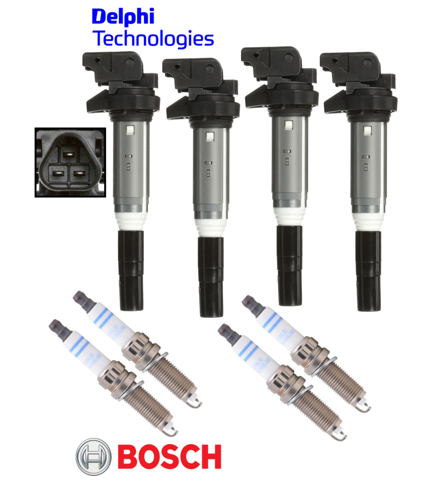 OEM Ignition Coil Delphi & Spark Plug Double Platinum Bosch (4sets) for BMW 2.0L
