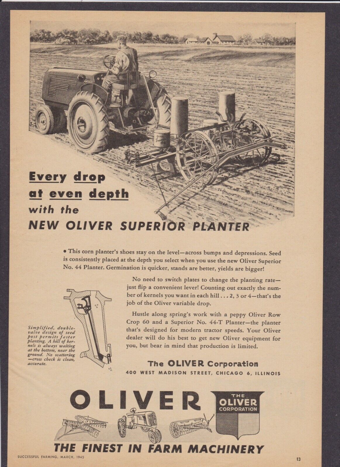 1945 Oliver Superior No. 44 Planter Ad Print  - Neat Planting Scene