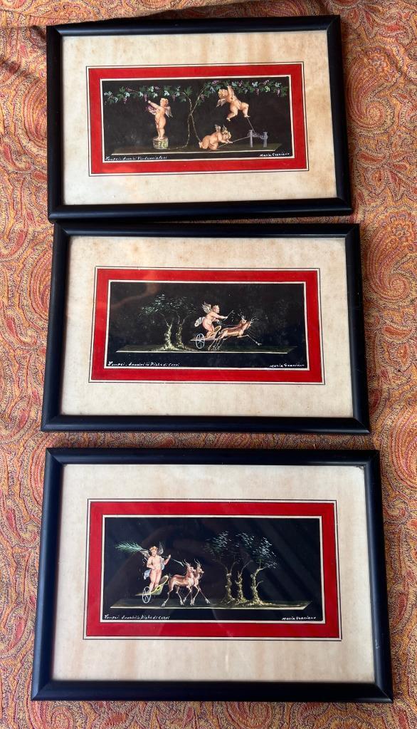 Antique Old Set of 3 Framed Pompeii Cherub Putti Paintings Framed Art Italian