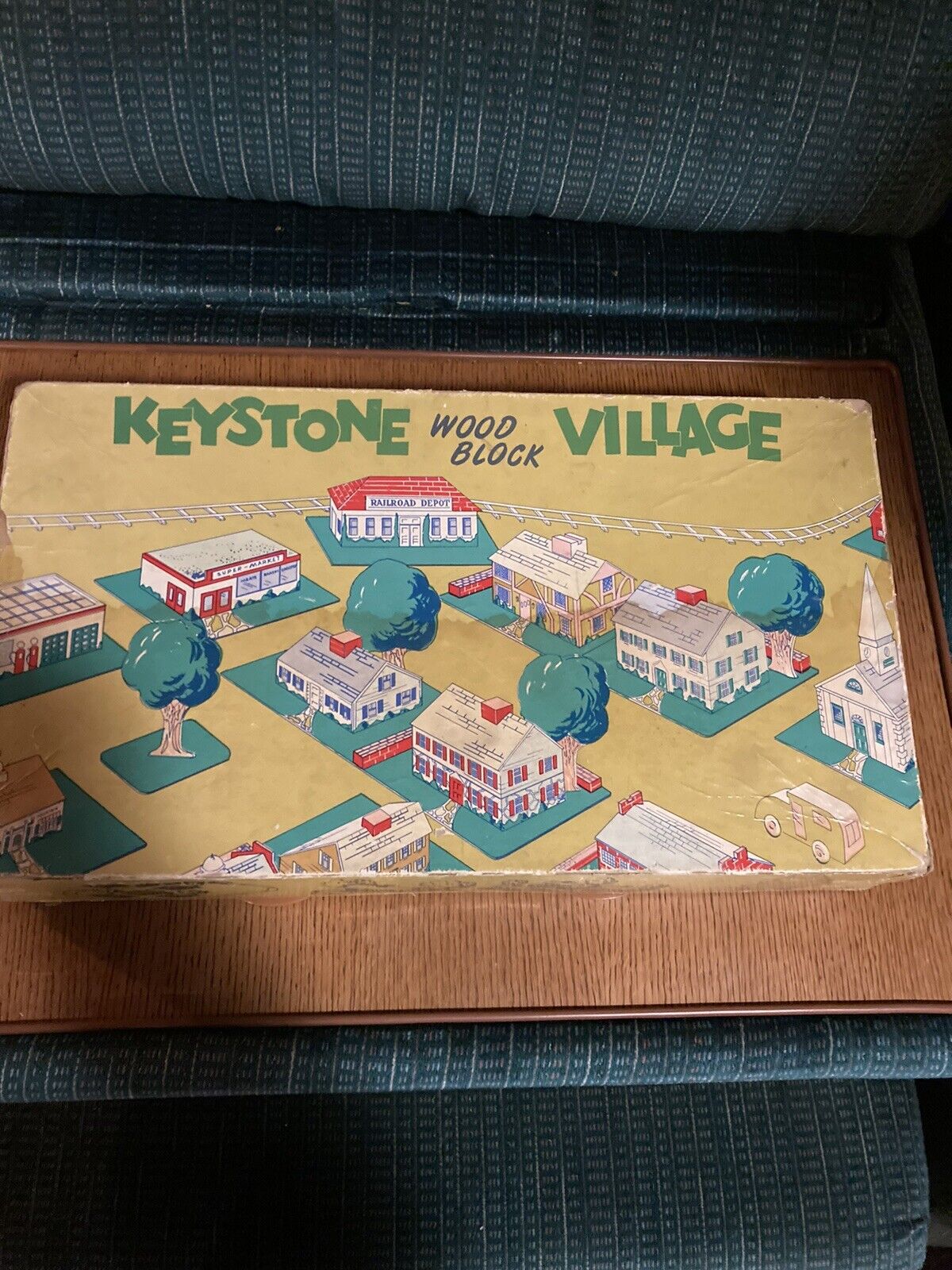 Vintage Original 1950\'s KEYSTONE WOOD BLOCK VILLAGE Toy Set with Box (16 pc.)