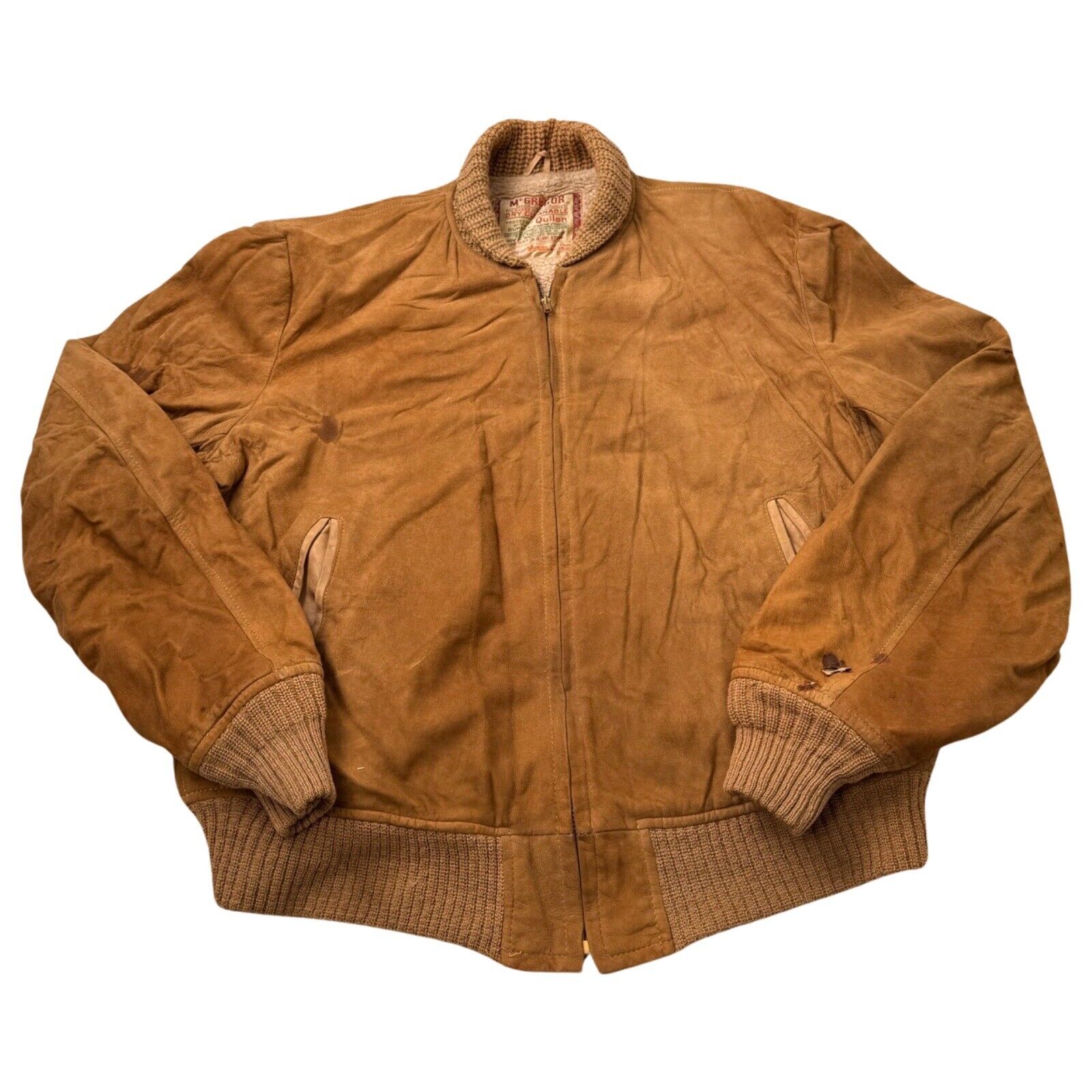Vtg 50s McGregor Bomber Jacket Size 44 Tan Suede Leather (see Pics)