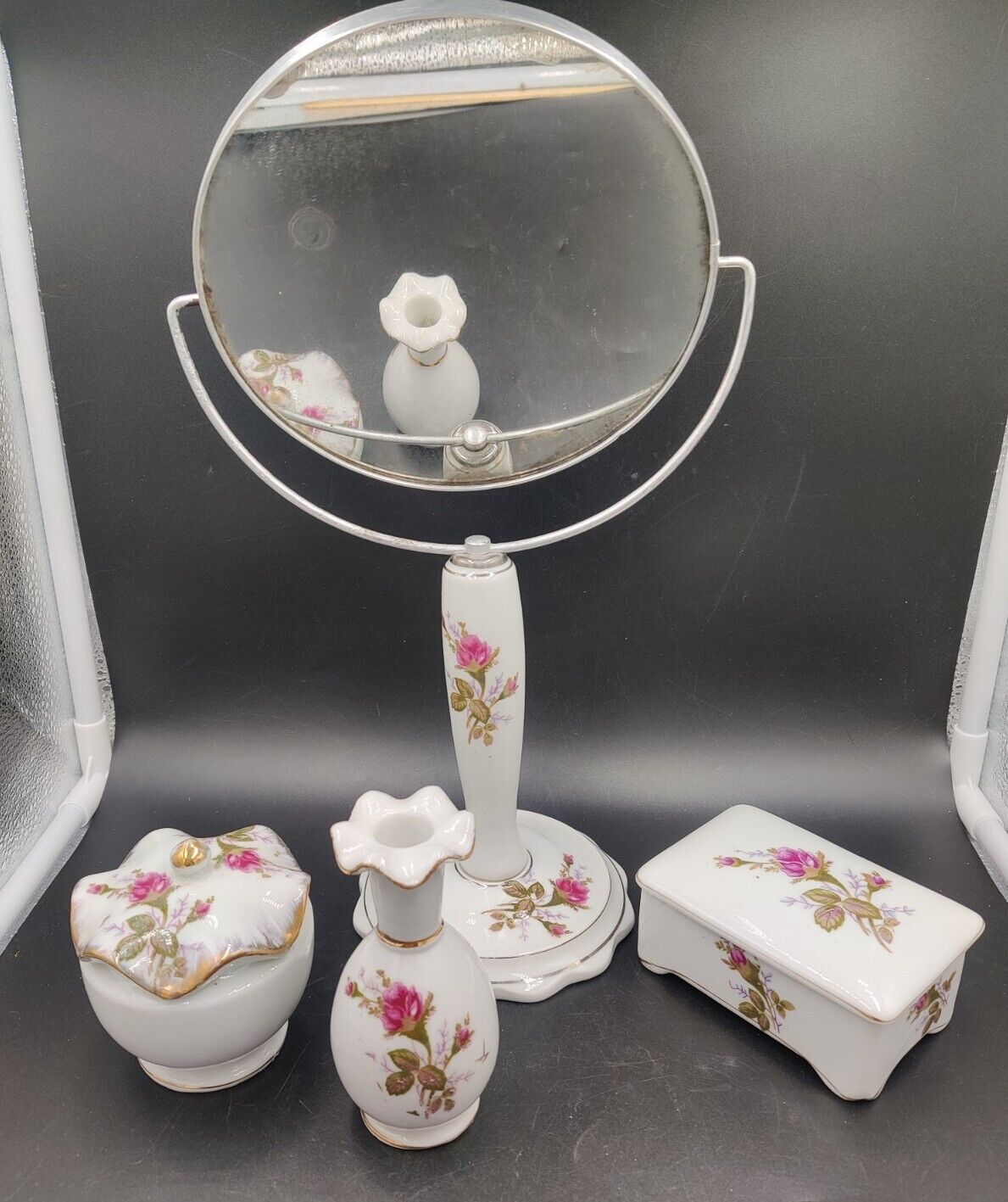 Vintage Lipper Mann Porcelain Mirror Floral Vanity Set Trinket Box 6 Pc Japan