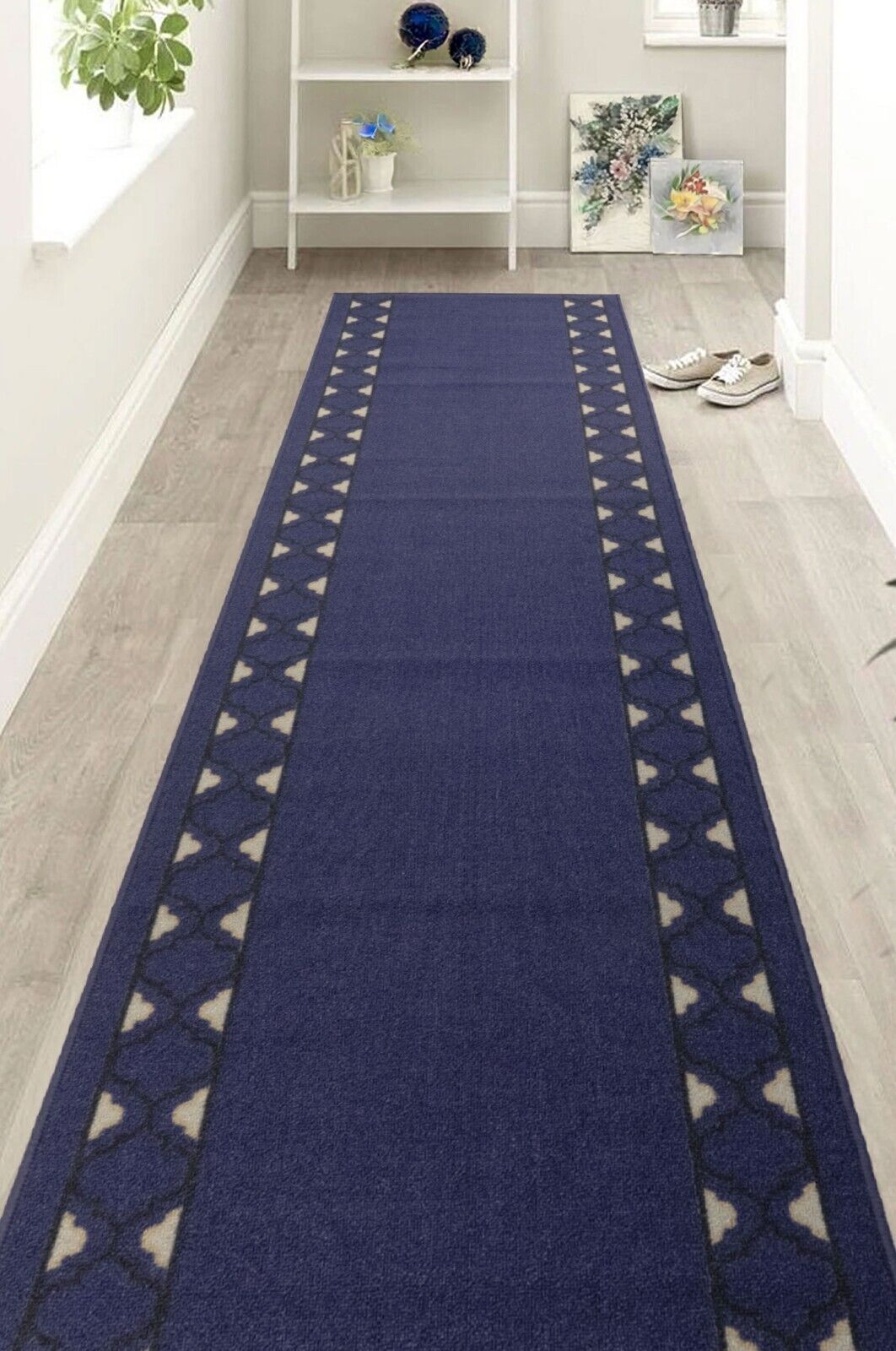 Custom Length Hallway Runner Rug Trellis Border Runner Navy Kitchen Carpet
