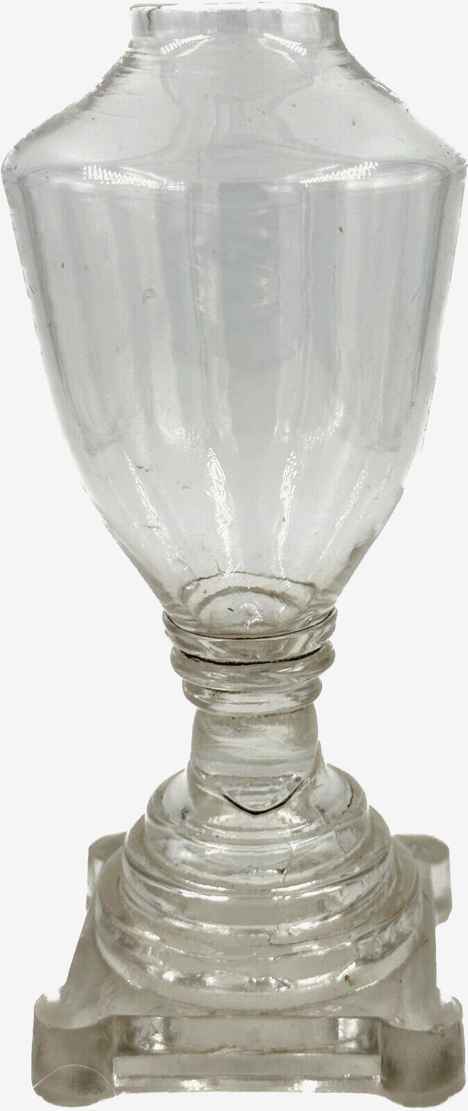 Antique 1800s Free Blown Conical Font Whale Oil Fluid Lamp w/ Pressed Glass Base