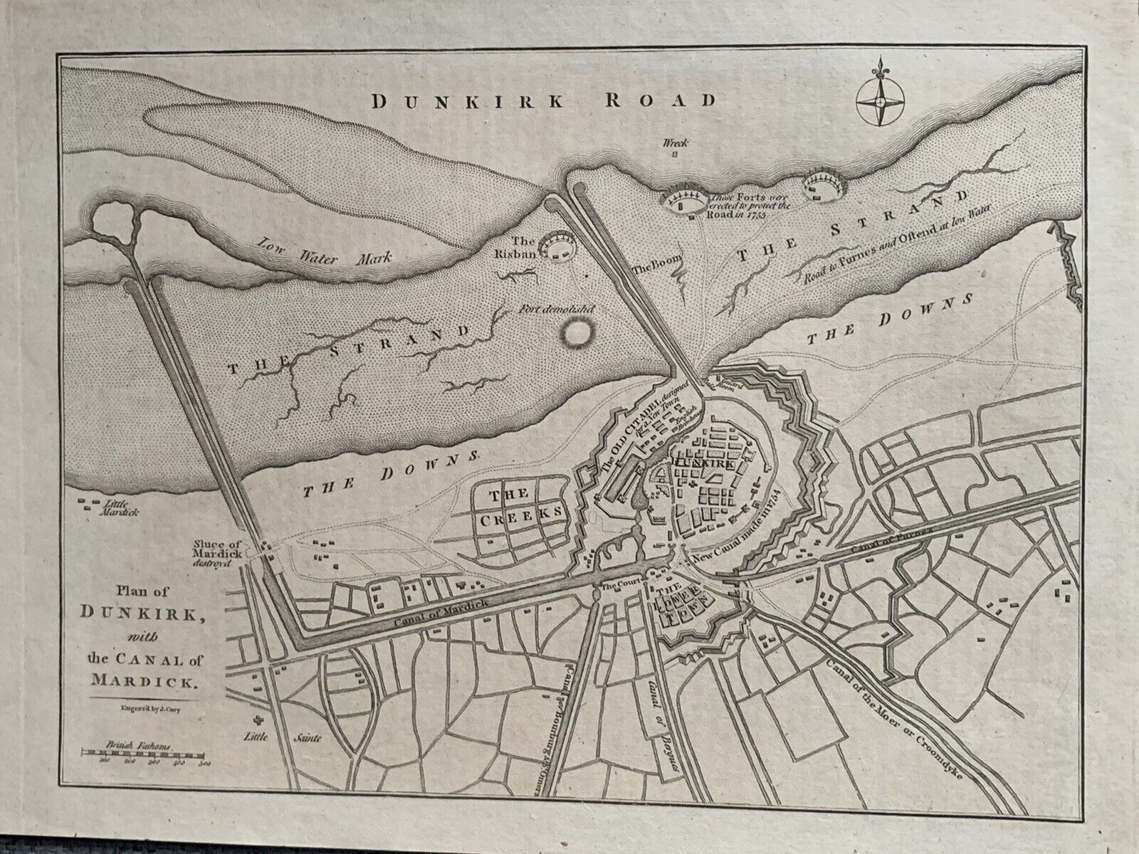 1790 Plan of Dunkirk France Original Antique Map by John Cary
