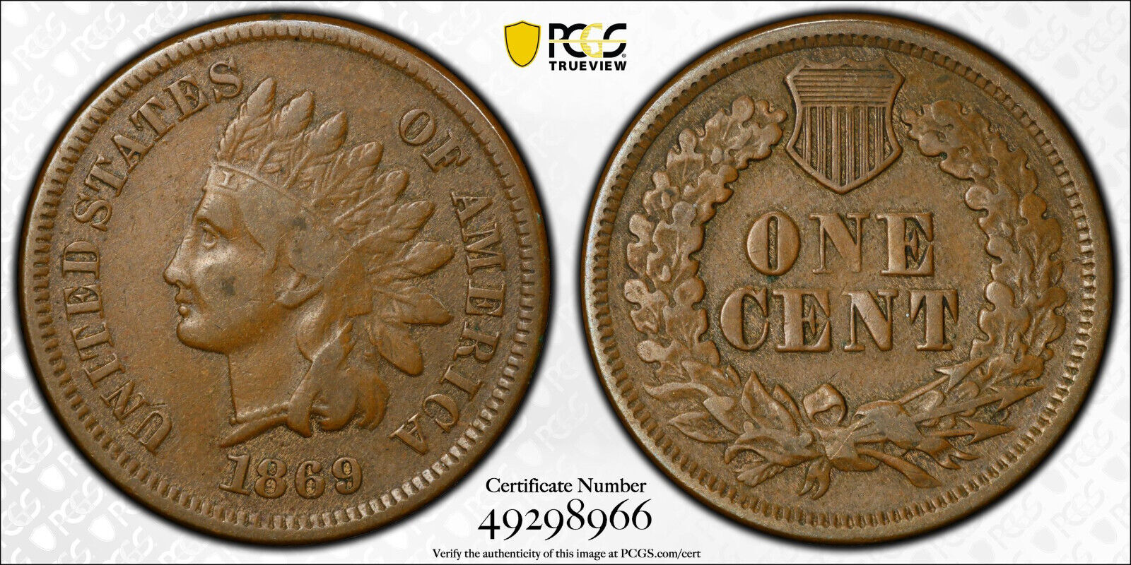 1869 1C Indian Head Cent PCGS VF20 TrueView