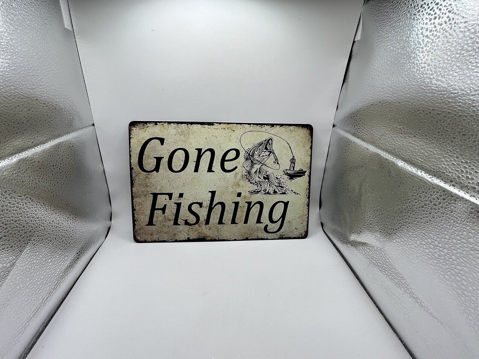 Vintage Tin Sign | Gone Fishing | 8” X 12” Inch | Retro Decor Art | Metal |