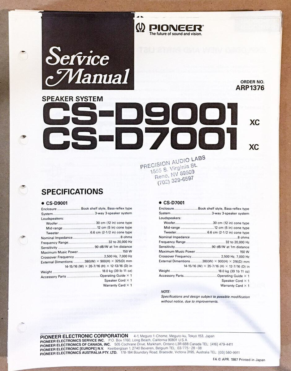 Pioneer CS-D9001 CS-D7001 SPEAKER Service Manual *Original*