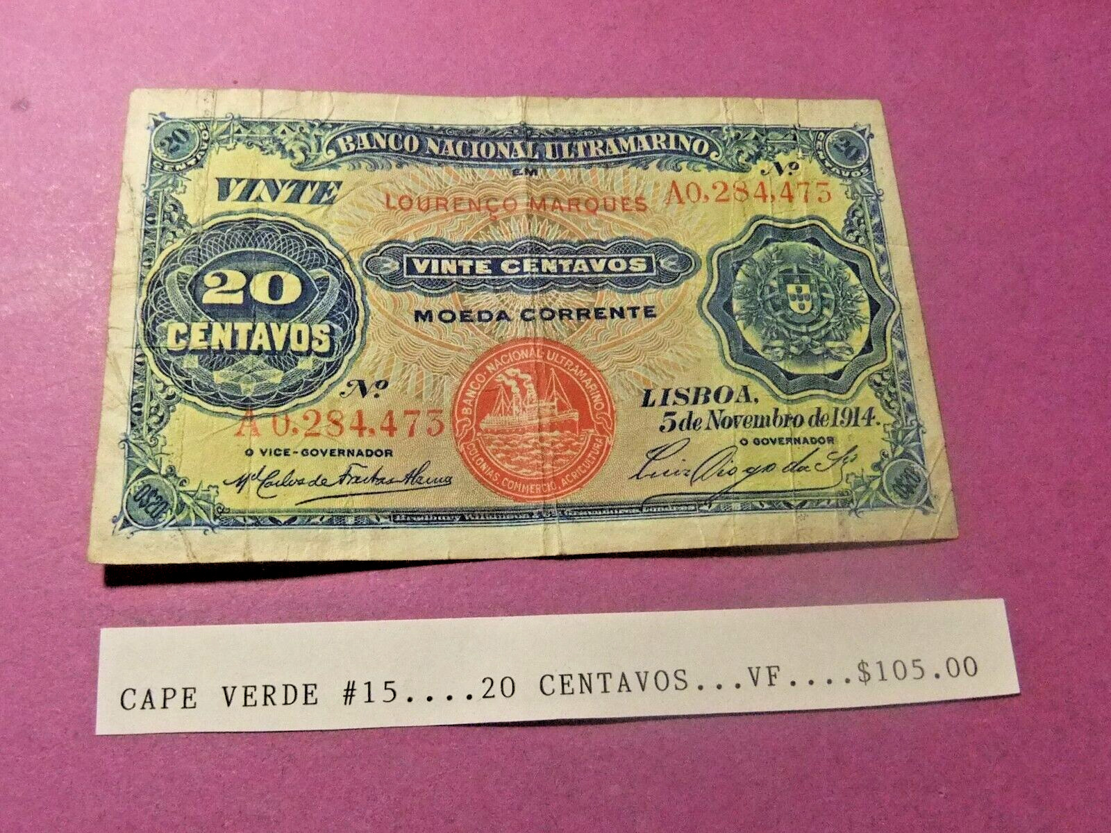 VERY RARE 1914 Cape Verde 20 CENTAVOS Banknote - VF