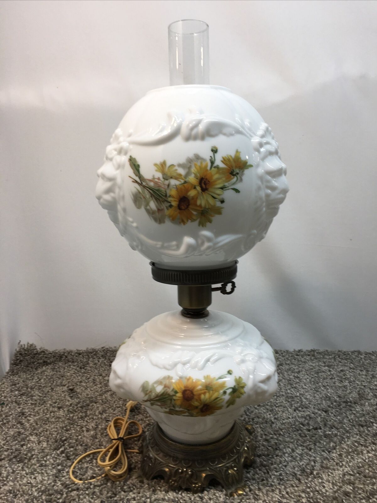 Vintage Embossed Lion Head GWTW Hurricane Lamp 3 Way Milk Glass Floral HEDCO NY