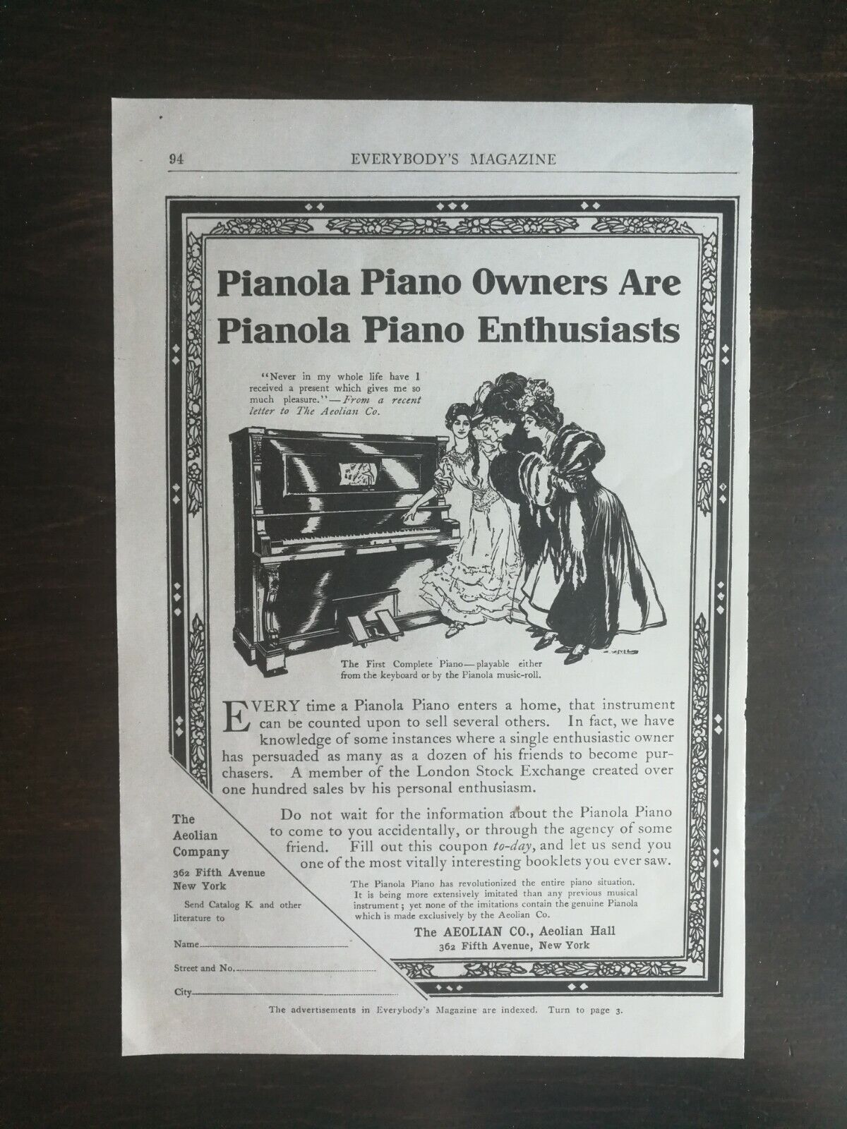 Vintage 1907 Pianola Piano Aeolian Company Full Page Original Ad