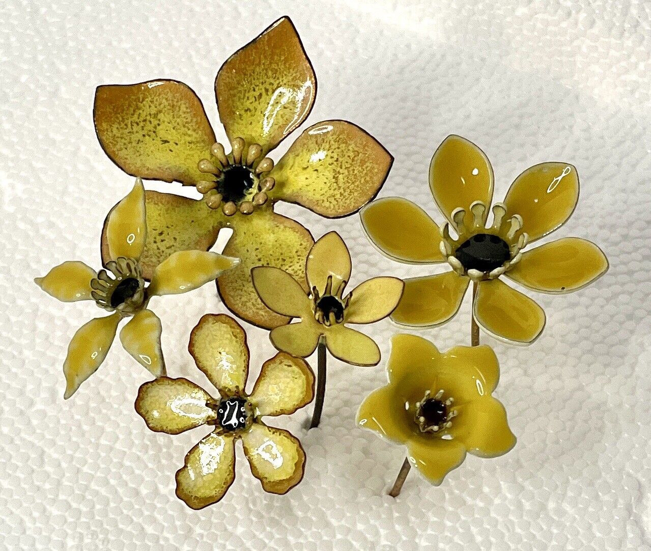 Vintage Bovano Of Cheshire Enamel & Copper Metal Flowers Yellow Blossoms Set 6