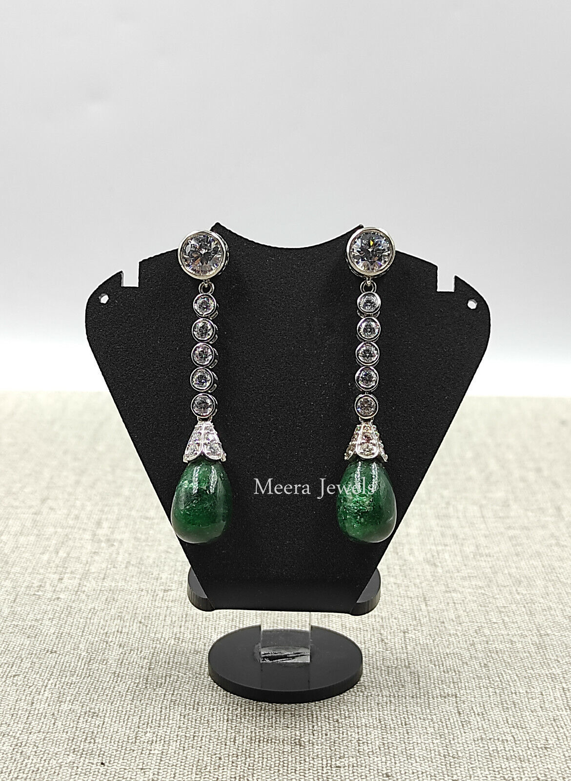 Early 19th Century Style Deep Green Emerald Drop & Old Mine Cut CZ Women Earring