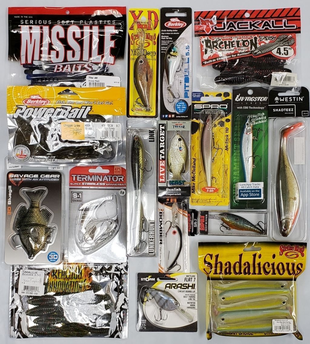 NEW Fishing Tackle Assortment Grab Box $50. Variety Lures, Soft Plastics, Hooks