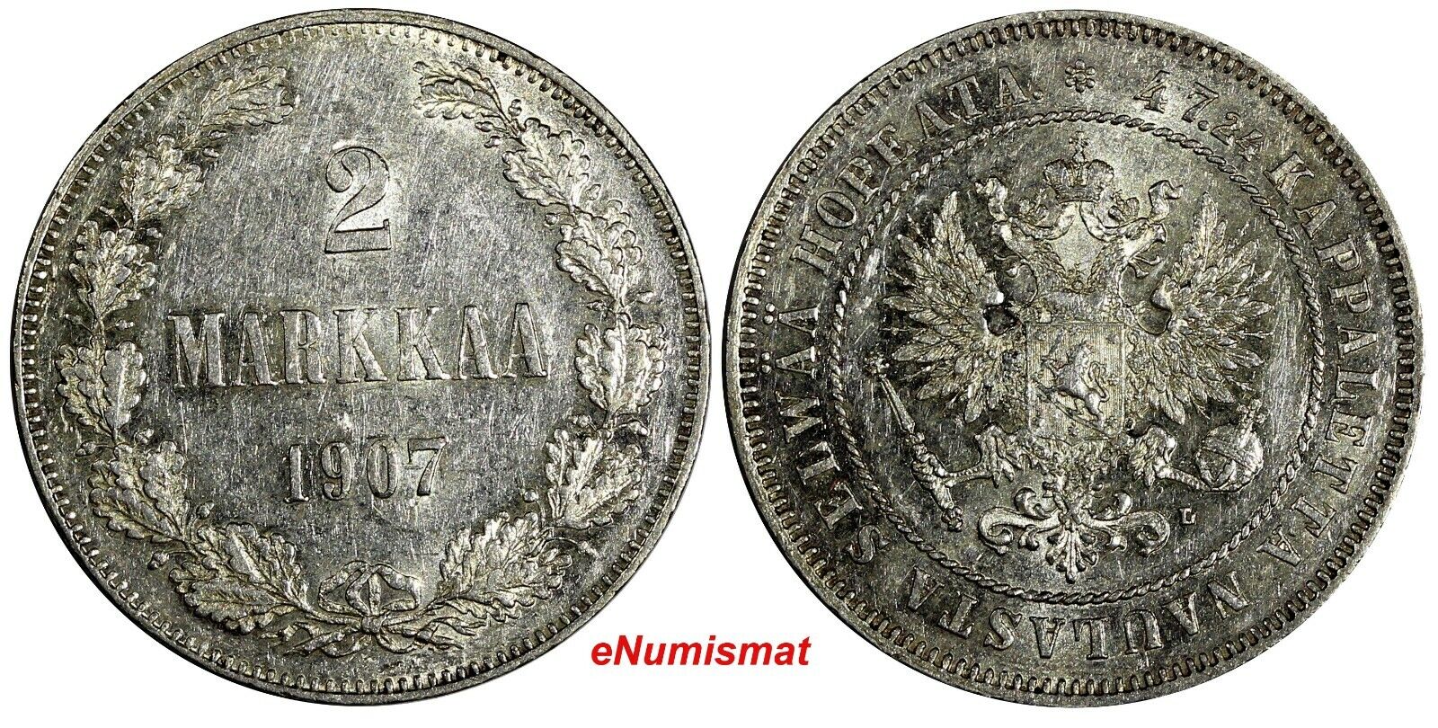 Finland Nicholas II Silver 1907 L 2 Markkaa Mintage-125,000 KM# 7.2(13 143)