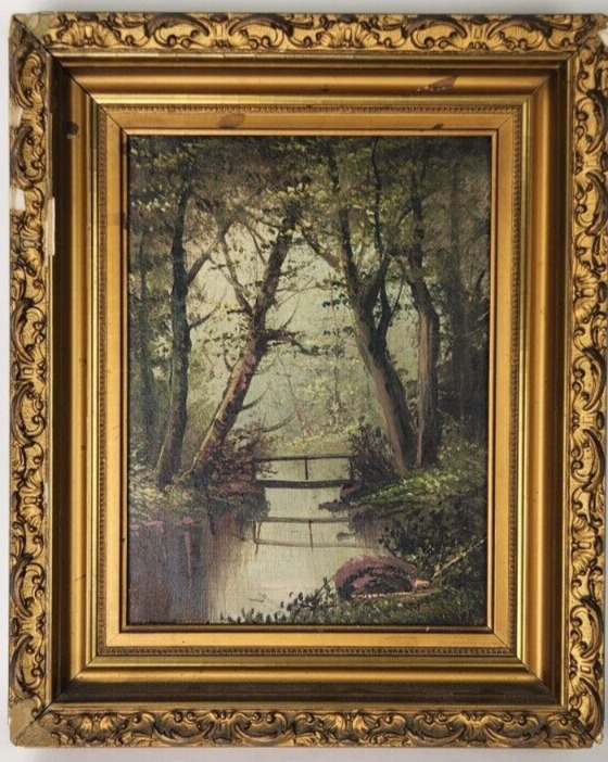 Antique D.A. Fisher (1867-1940) Landscape Creek Bridge Oil Painting Dated 1909