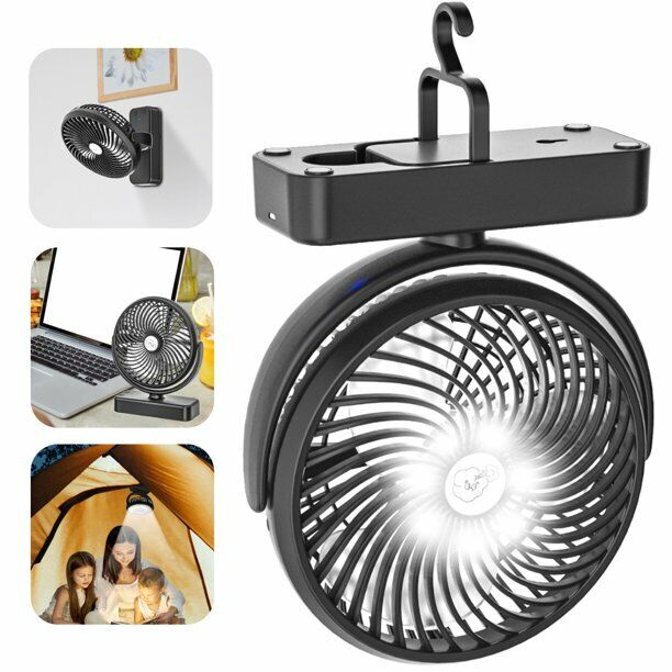 Battery Powered Portable Camping Fan with Tent LED Light Hanging Hook