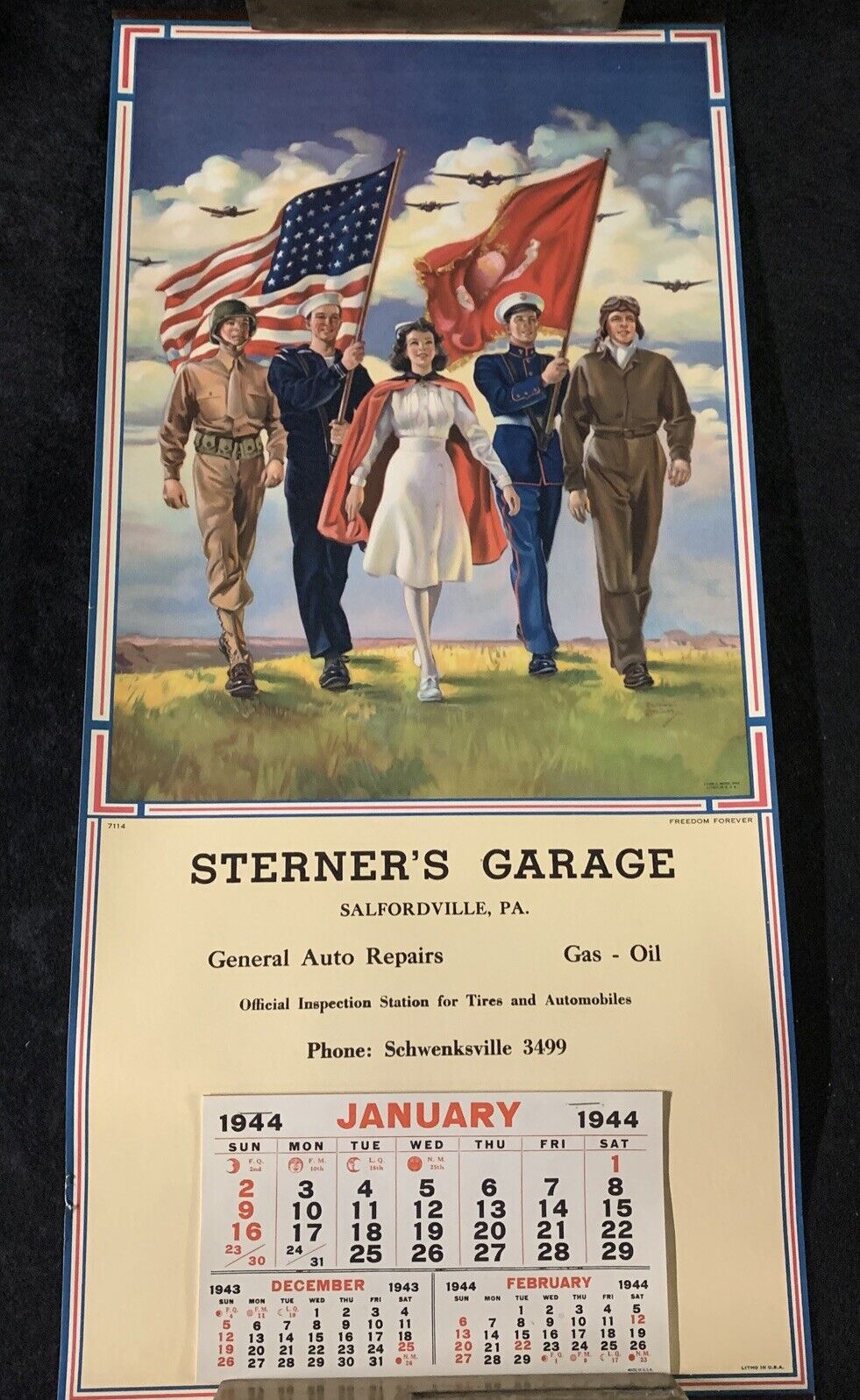WWII 1944 Homefront Patriotic Advertisement Calendar. Freedom Forever. Excellent