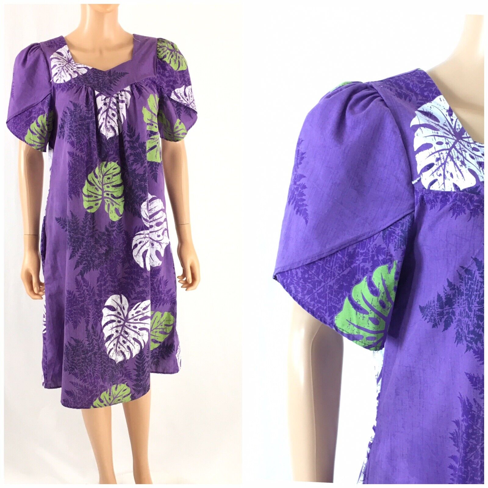 Vintage Hawaiian Muumuu Patio Day Dress Purple Tulip Sleeve Tiki Lounge Midi XS