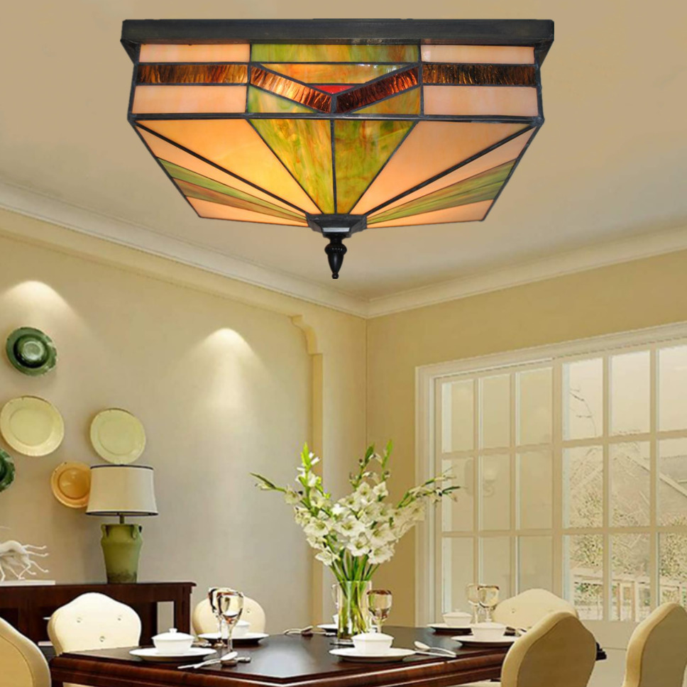 Tiffany Ceiling Lamp Vintage Flush Mount Ceiling Light with Stained Glass Shade 