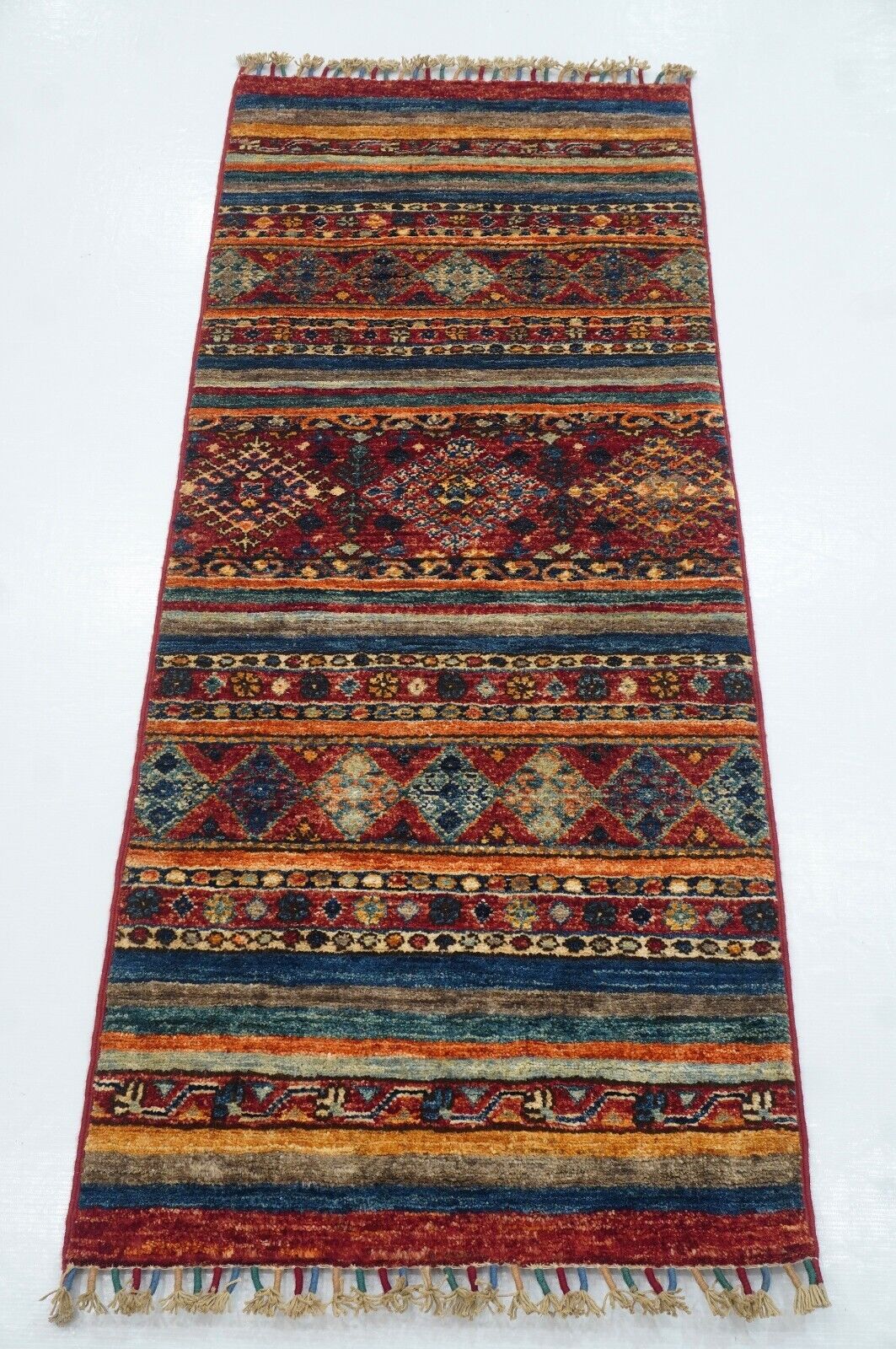 2 x 6 ft Red Striped Tribal Afghan Hand knotted Narrow Short Runner Rug