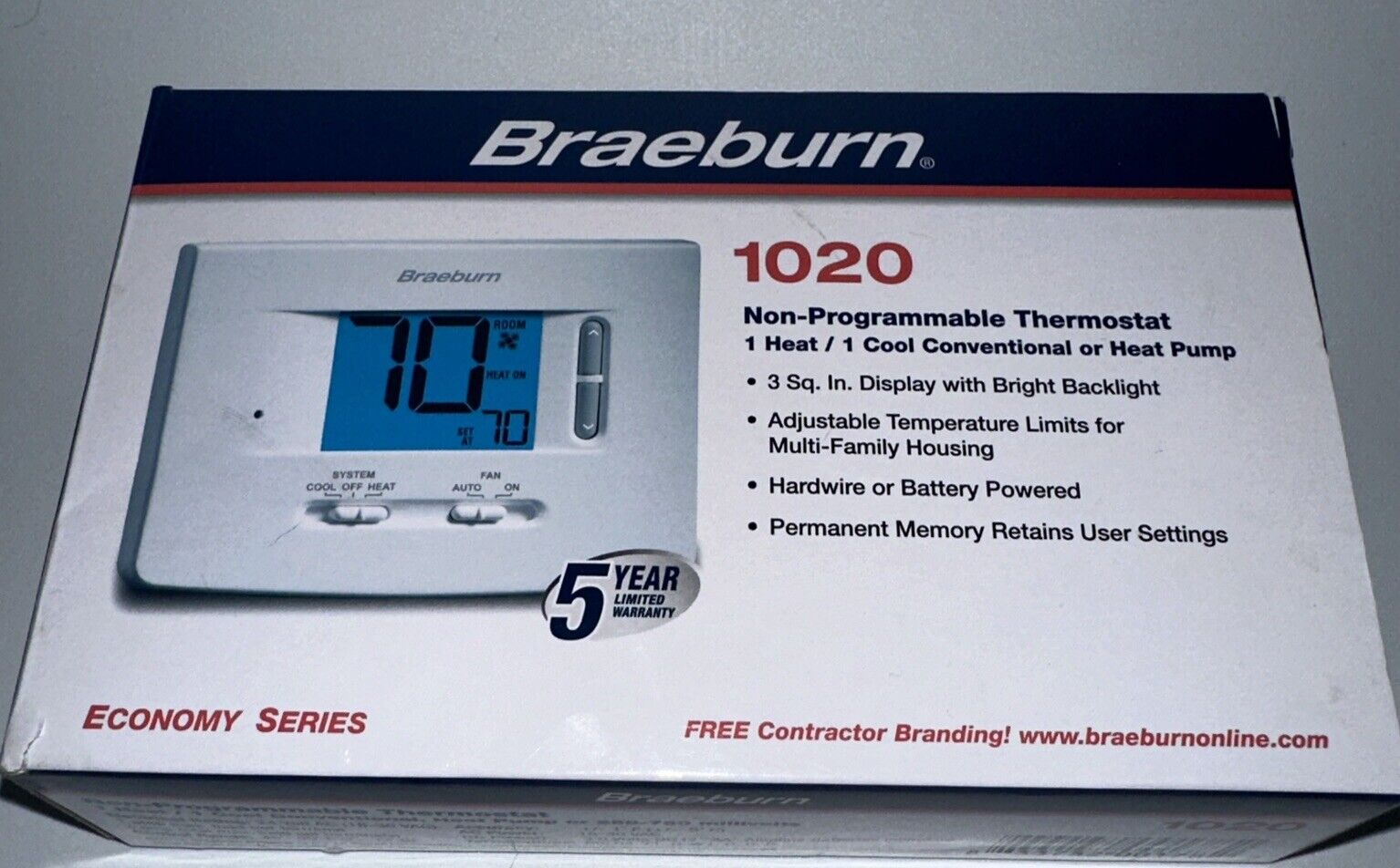 Braeburn 1020 Economy Thermostat - Non-Programmable Heat Pump 1 Heat / 1 Cool/B2