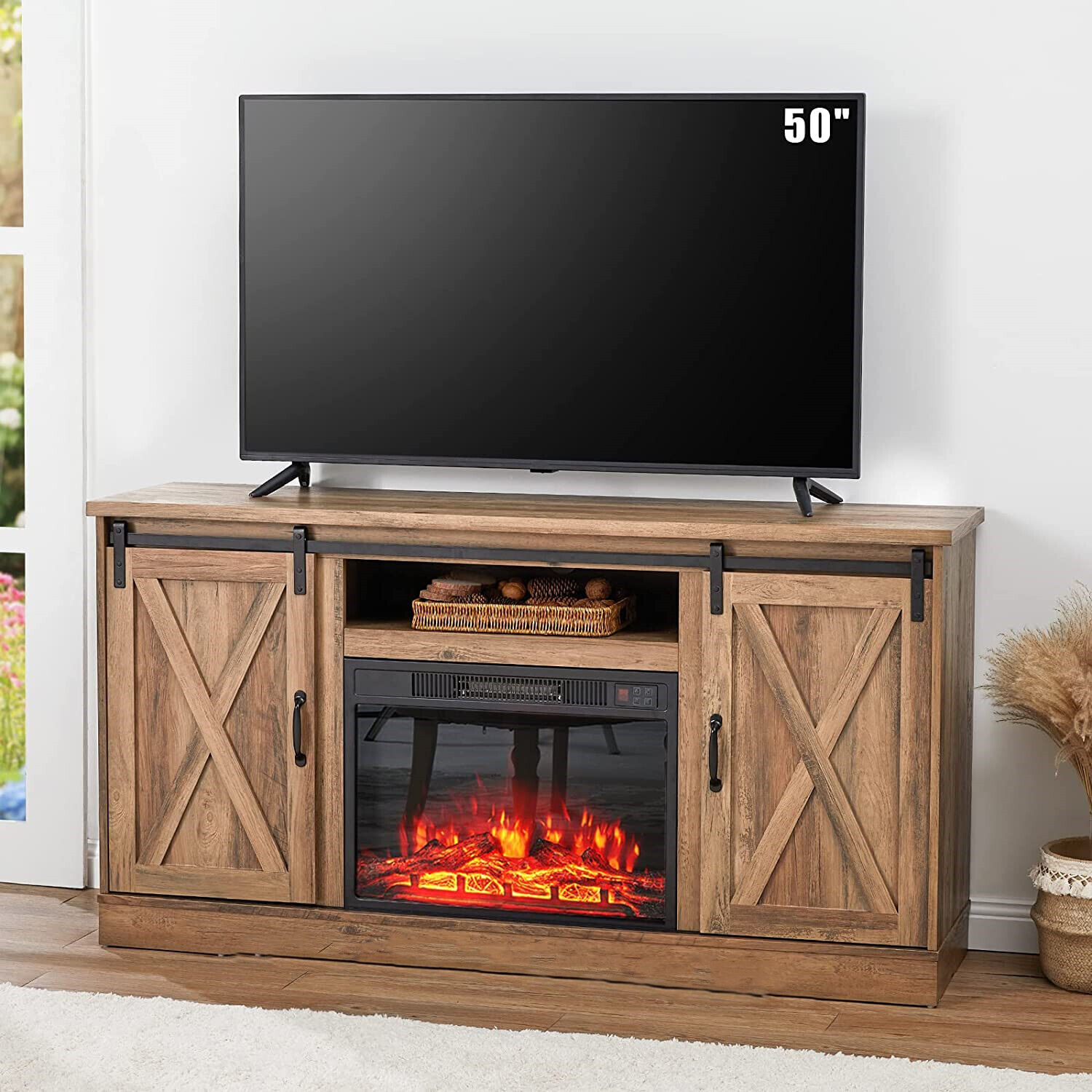 TV Stand with Fireplace for TV'S Up to 55'' Sliding Barn Door Storage Cabinet