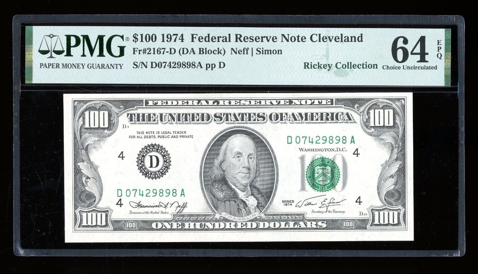 DBR 1974 $100 FRN Cleveland Fr. 2167-D PMG 64 EPQ Serial D07429898A