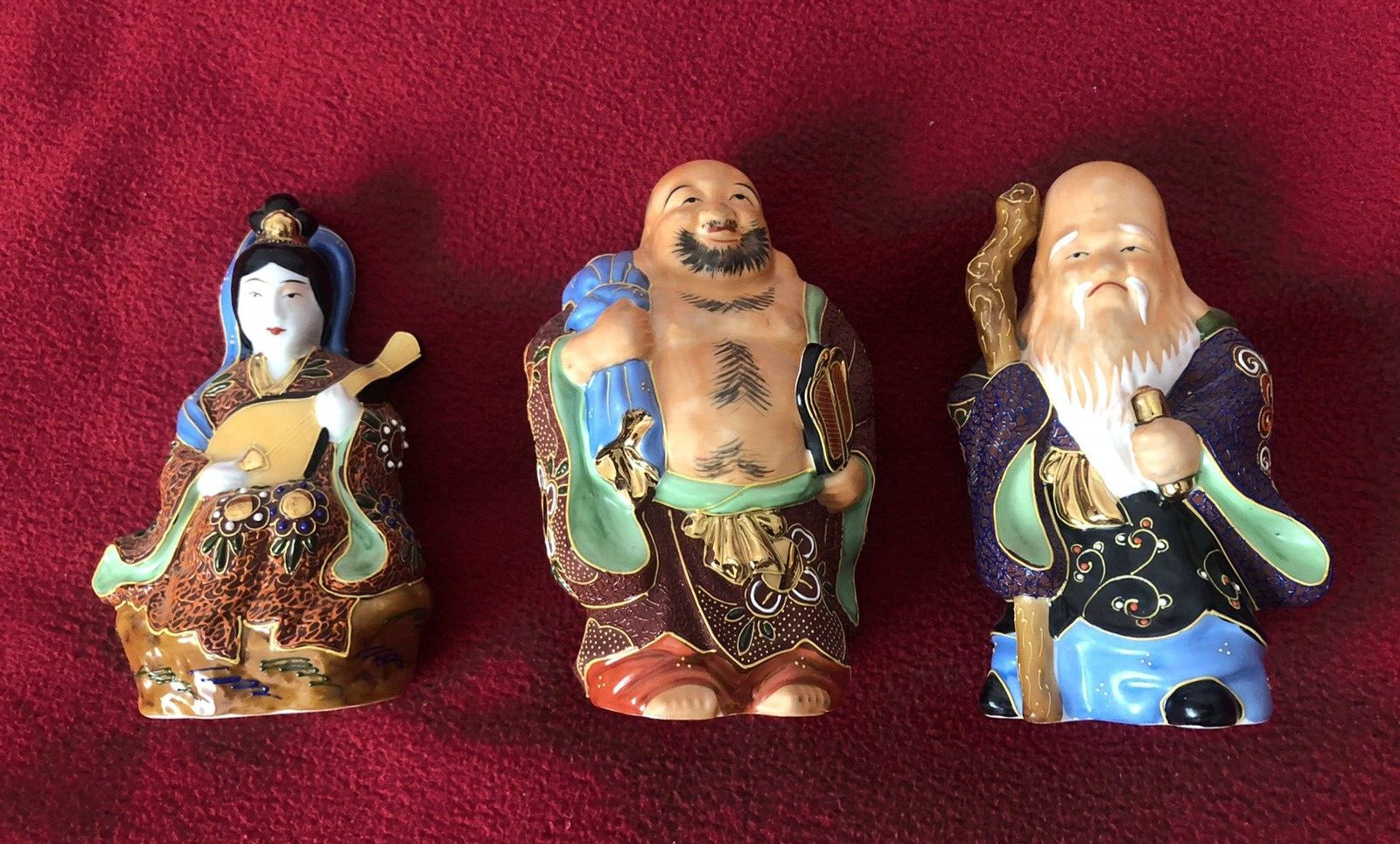 Japanese Kutani Lucky Gods Set of 3  Porcelain