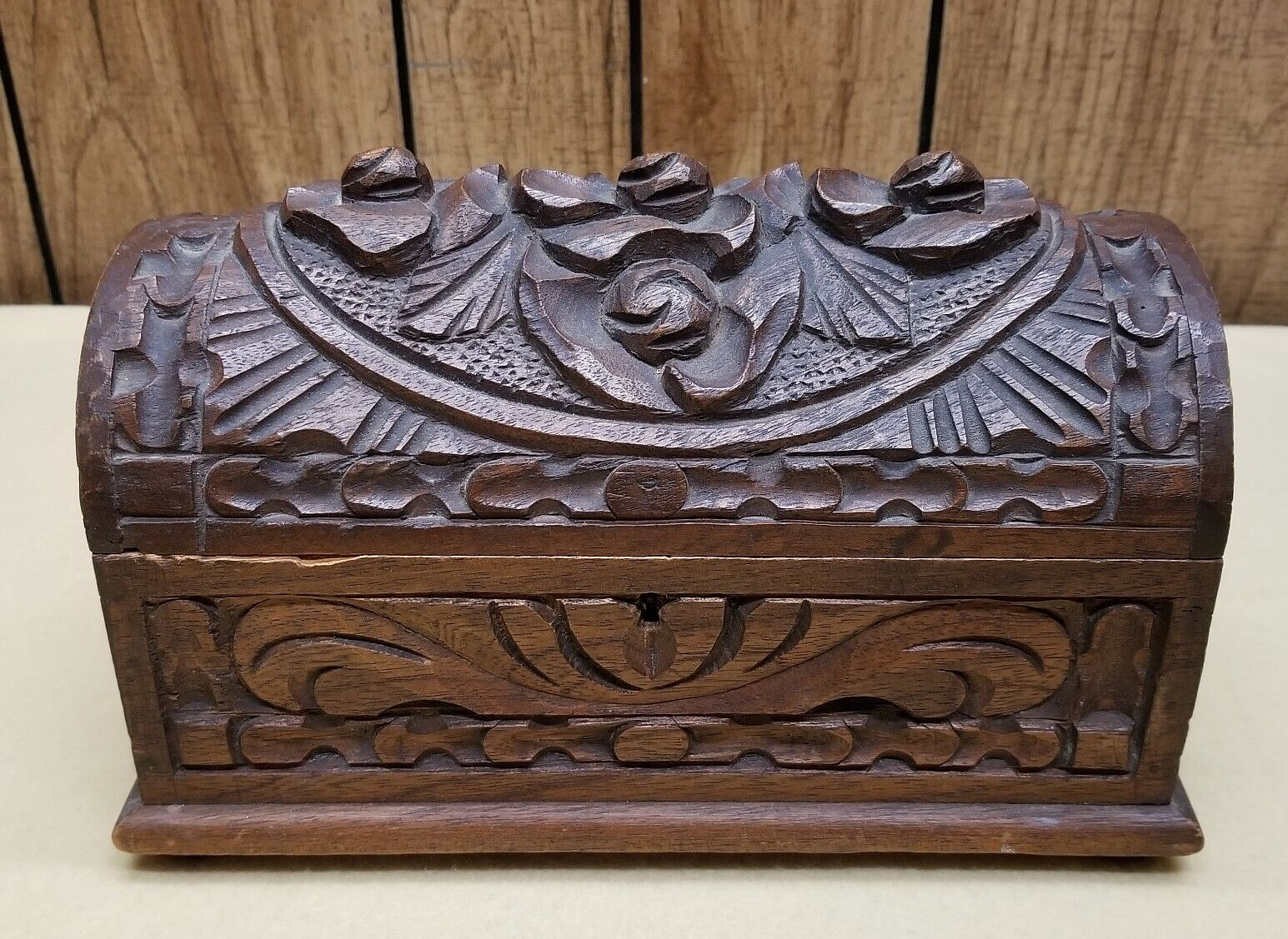 Vintage cedar keepsake box hand carved dresser floral carved domed wood footed