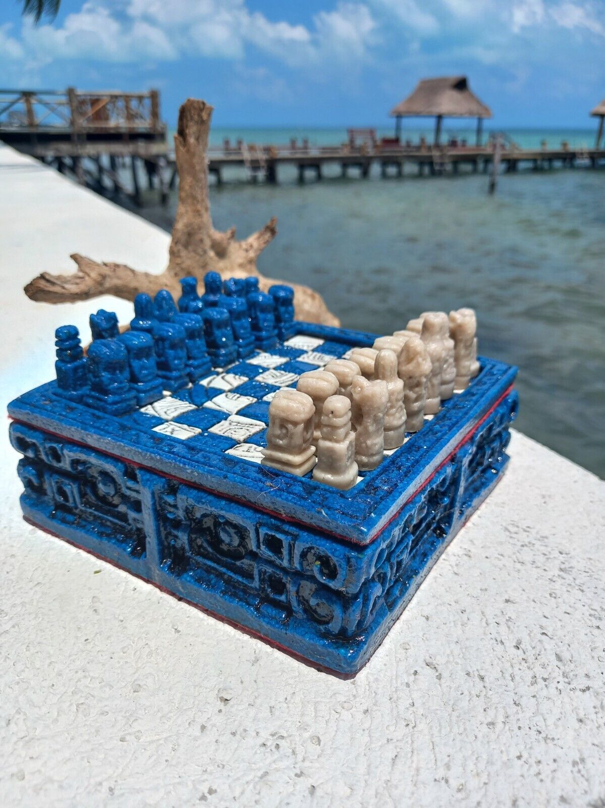 Mayan Chess Set Aztec Handmade Blue Box Unique Caribbean Artwork Blue 6*6inch