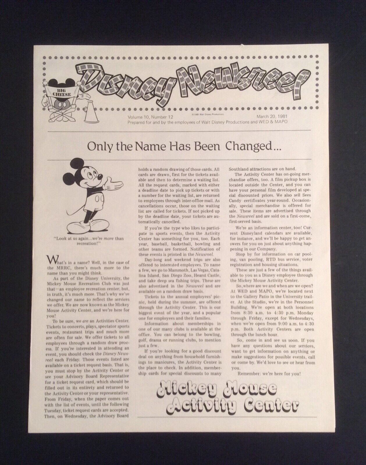 Disney Newsreel Vintage Mar 1981 “Mickey Mouse Activity” Employee Newsletter 