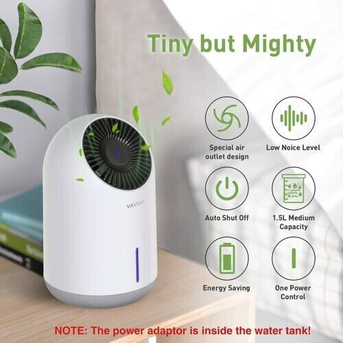 Mini Compact Dehumidifier 1500ml 322 sq ft with UL Certified Power Adapter