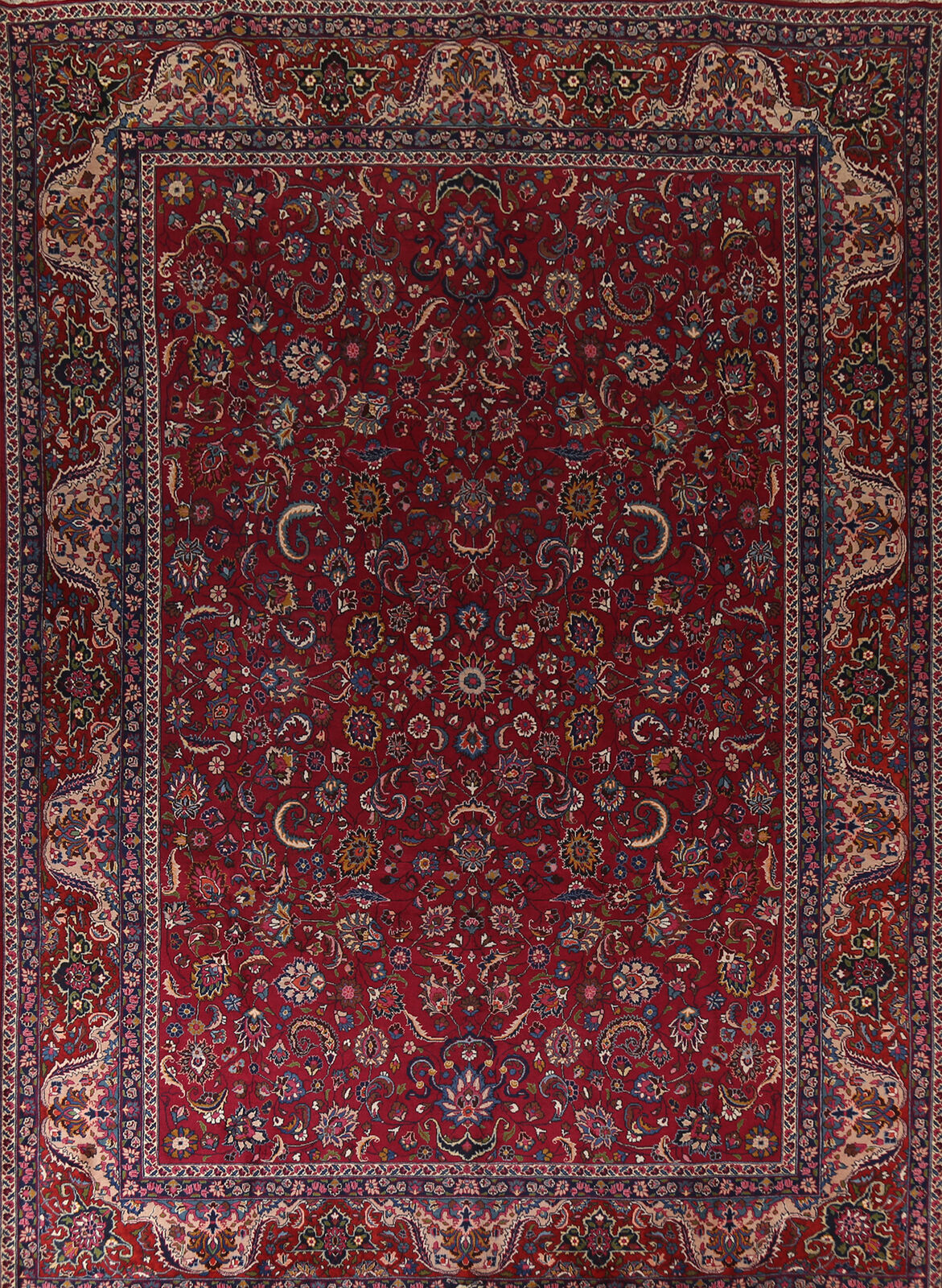 Vintage Handmade Red/ Navy Blue Floral Mashaad Dining Room Rug Area Carpet 10x13