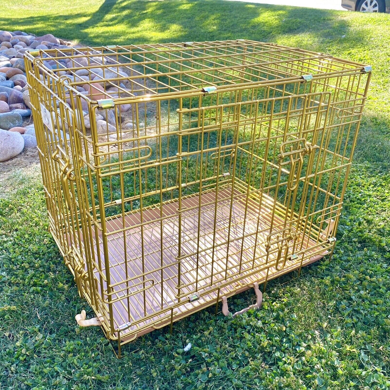 🐕Folding Golden Kennel Crate Cage ✅ W/Metal Grid, Tray 🐶🐶 Great for Small pet