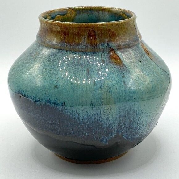 Joel Edwards RARE Vintage Studio Handmade Blue Glaze Art Pottery Round Vase 6\
