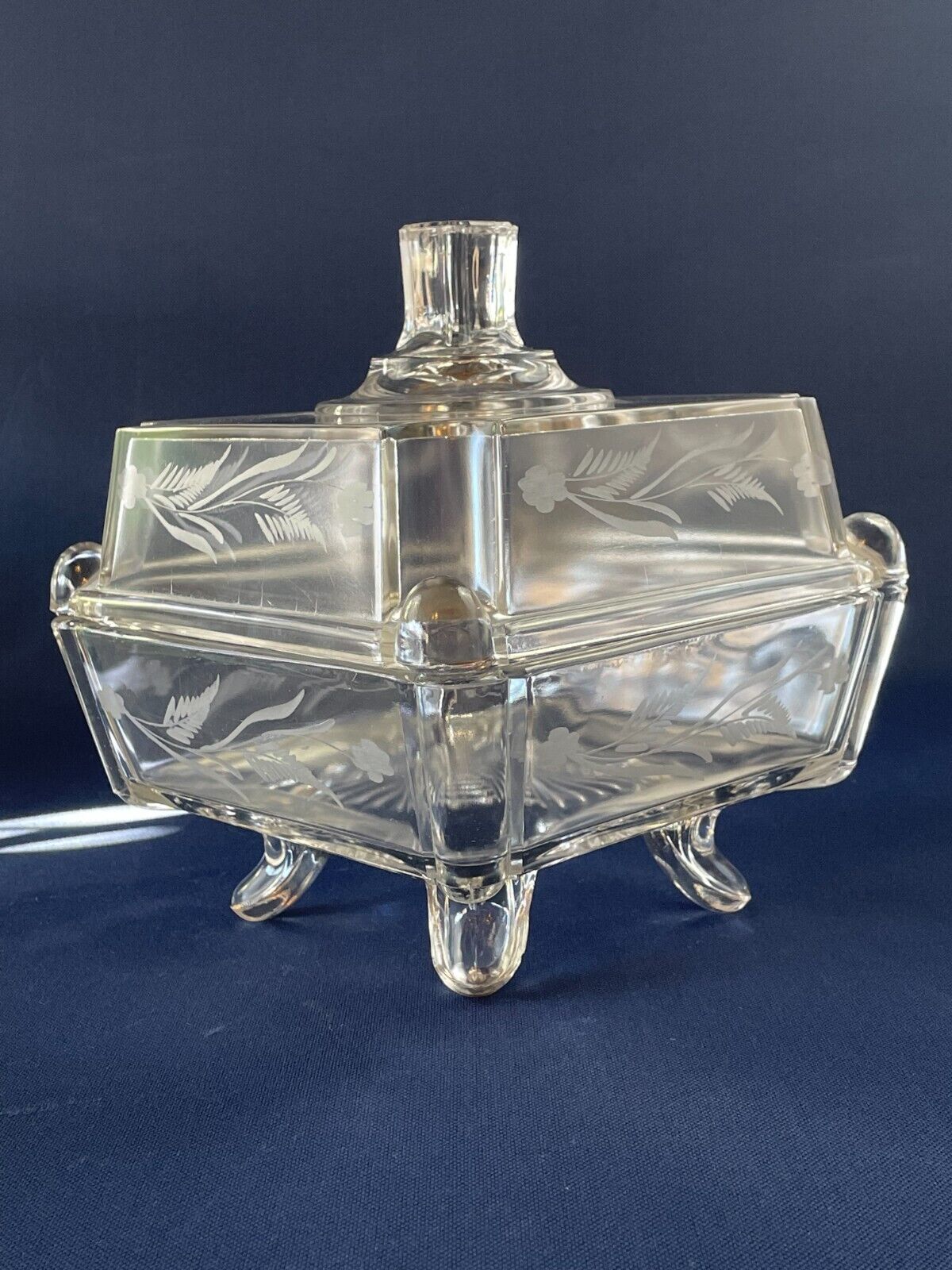 Antique Victorian clear footed square pressed glass covered compote c.1880-90s