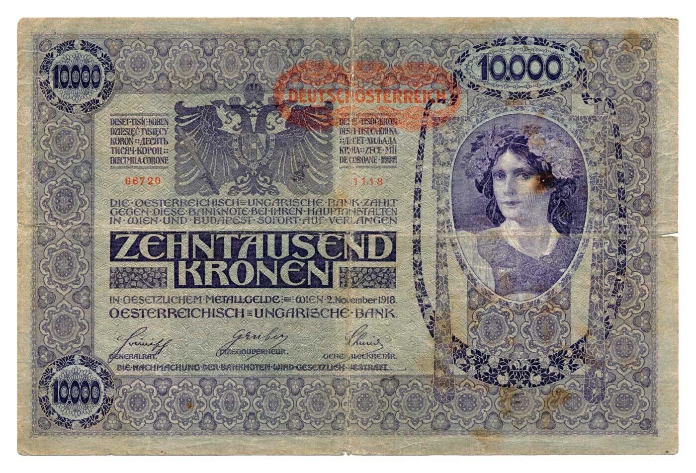 AUSTRIA banknote 10.000 Kronen 1920 F+ Choice Fine