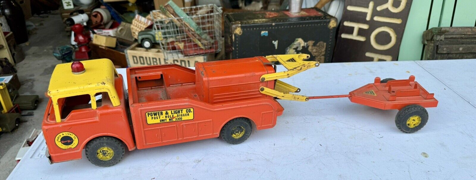 EARLY NYLINT  TOYS POWER & LIGHT CO POST HOLE DIGGER TRUCK NO. 3300 With Trailer