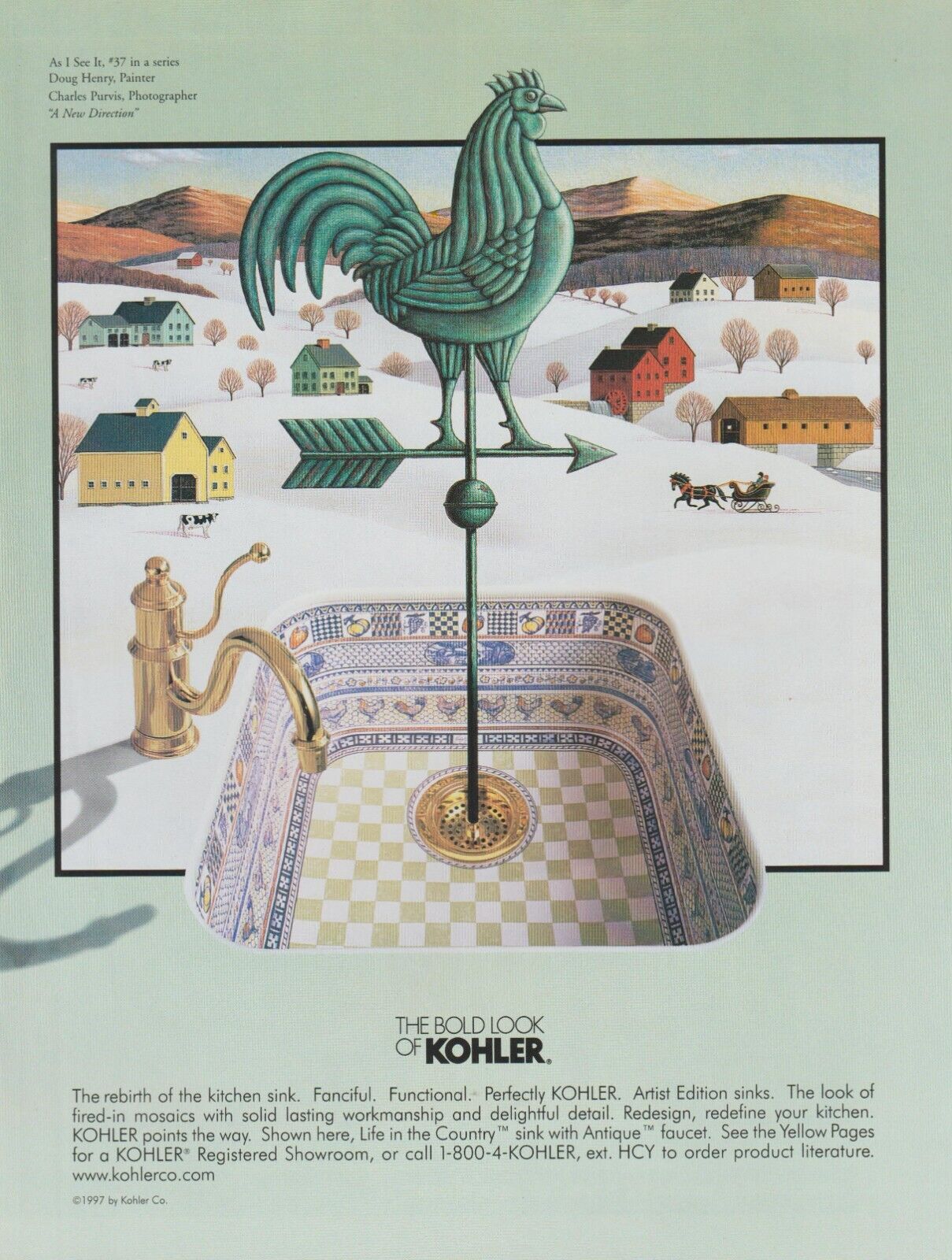 1997 Kohler Plumbing Fixtures - Rooster Weathervane Sink Farm Cow - Print Ad Art