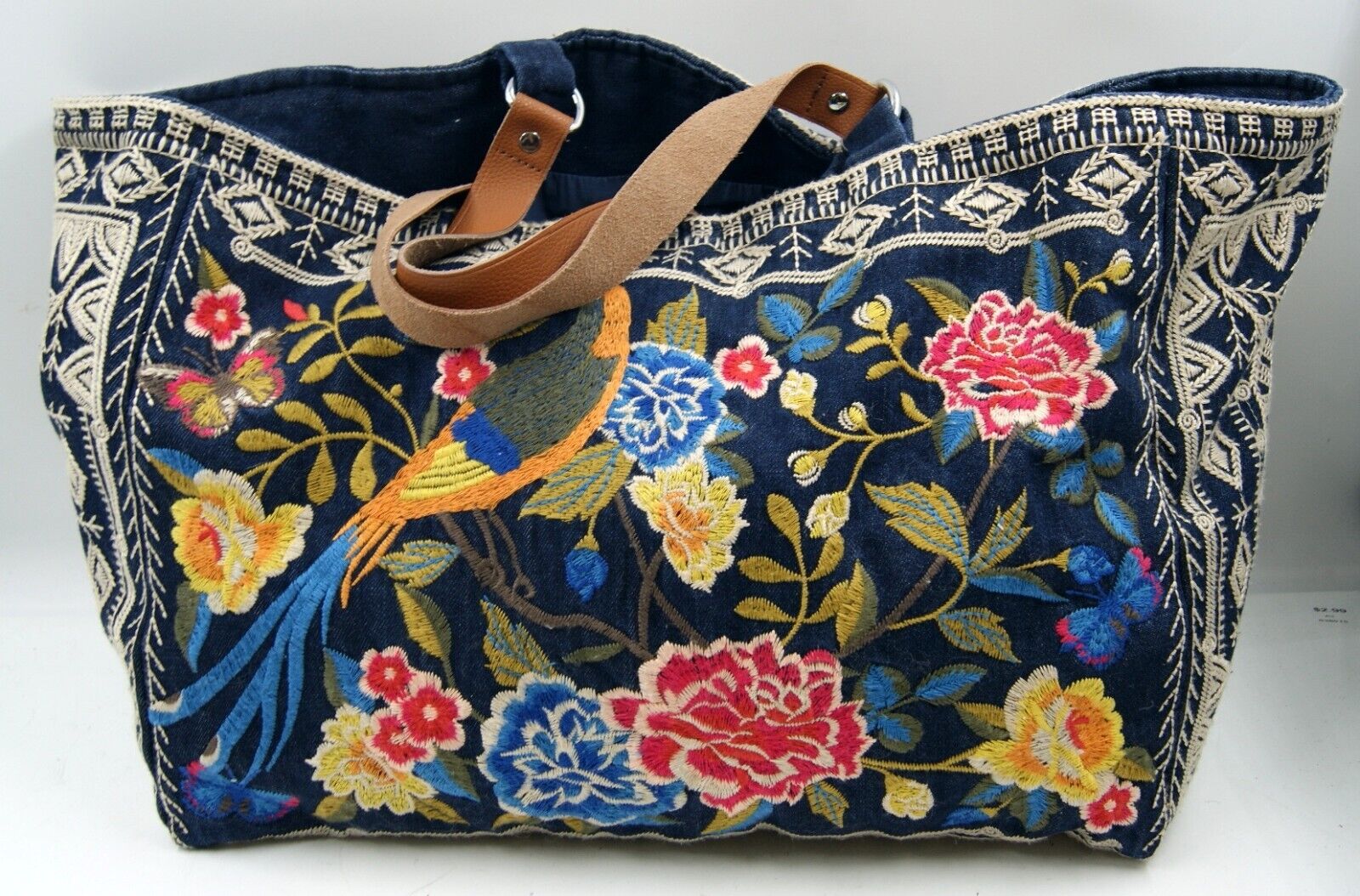 Johnny Was Womens Handbag Navy Denim Floral Embroidered Cotton Shoulder Tote Bag