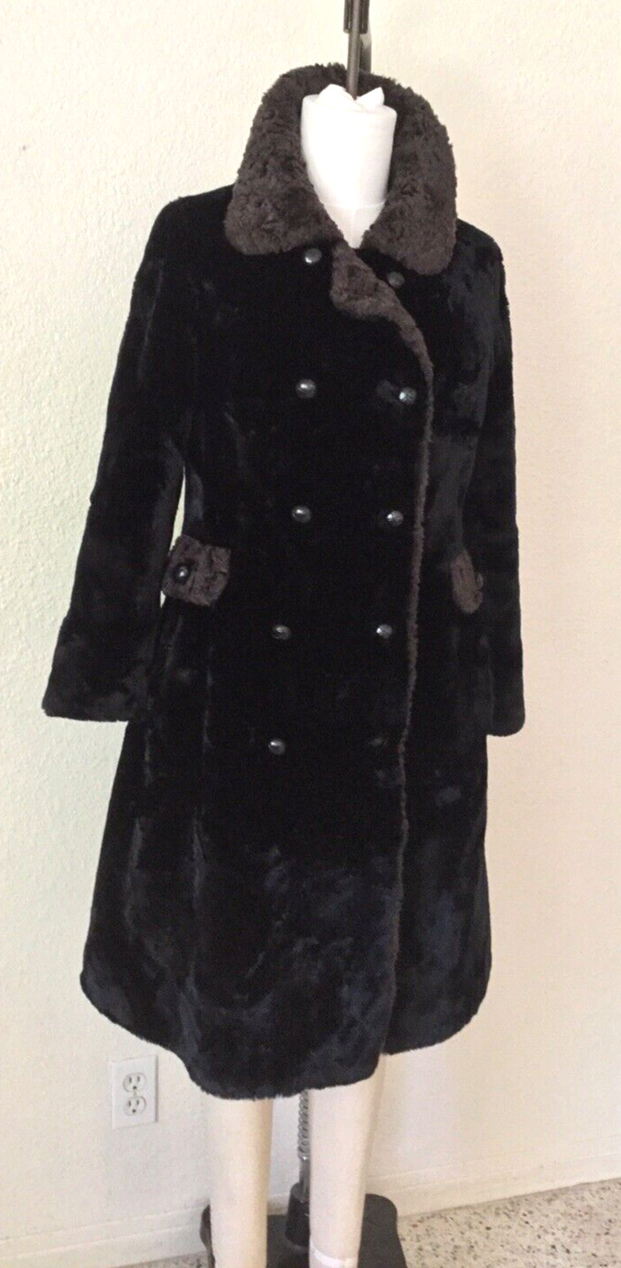 BORGANA  Womens  Coat Size L Vintage Faux Fur Black Brown Fur Long Pea Jacket