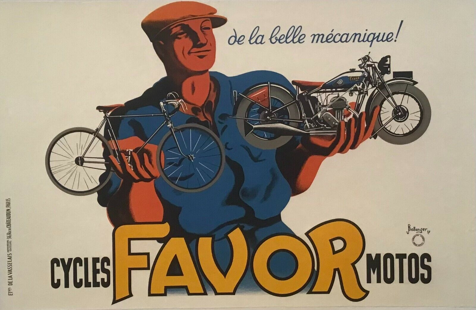 1937 French Art Deco Poster, Favor Cycles & Motos