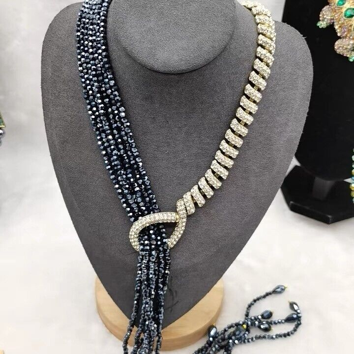 Heidi D Sleek and Sophisticated Crystal & Beaded Necklace Dark Blue
