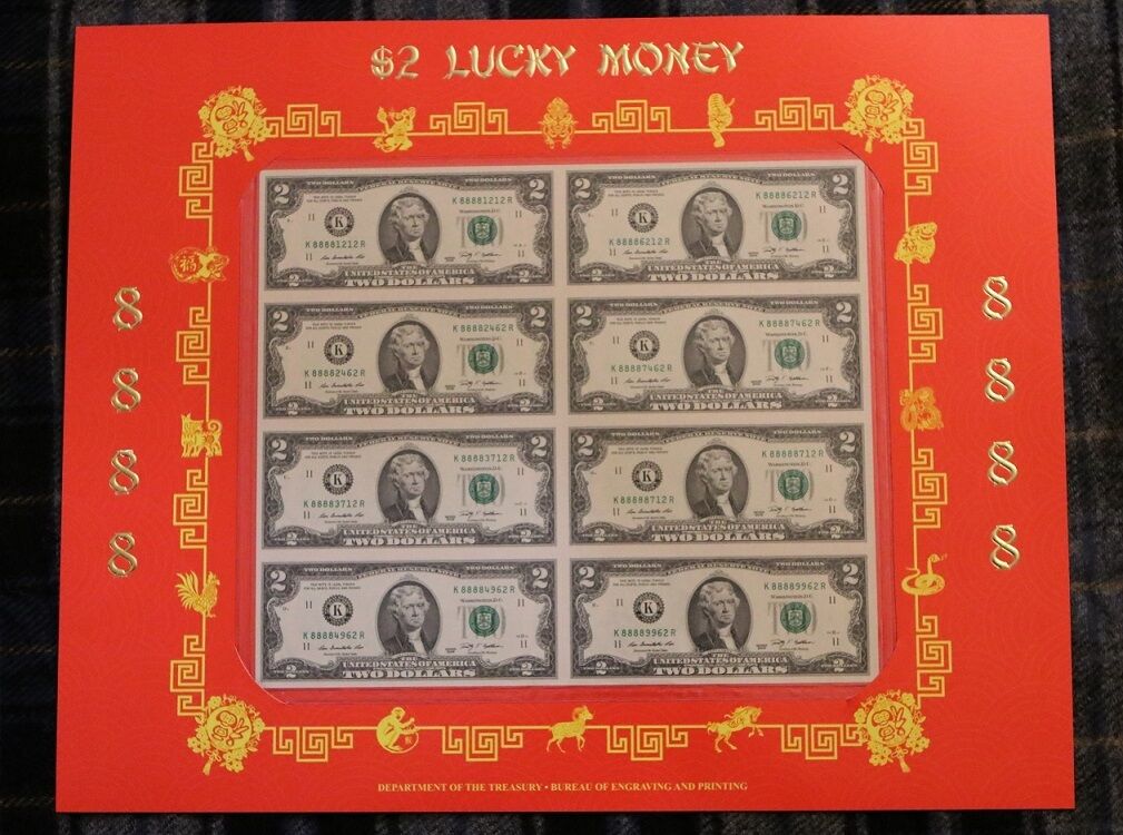 $2 “8888” Uncut Dollar Currency Bills 8 Bank Notes Chinese Lucky Money Sheet NEW