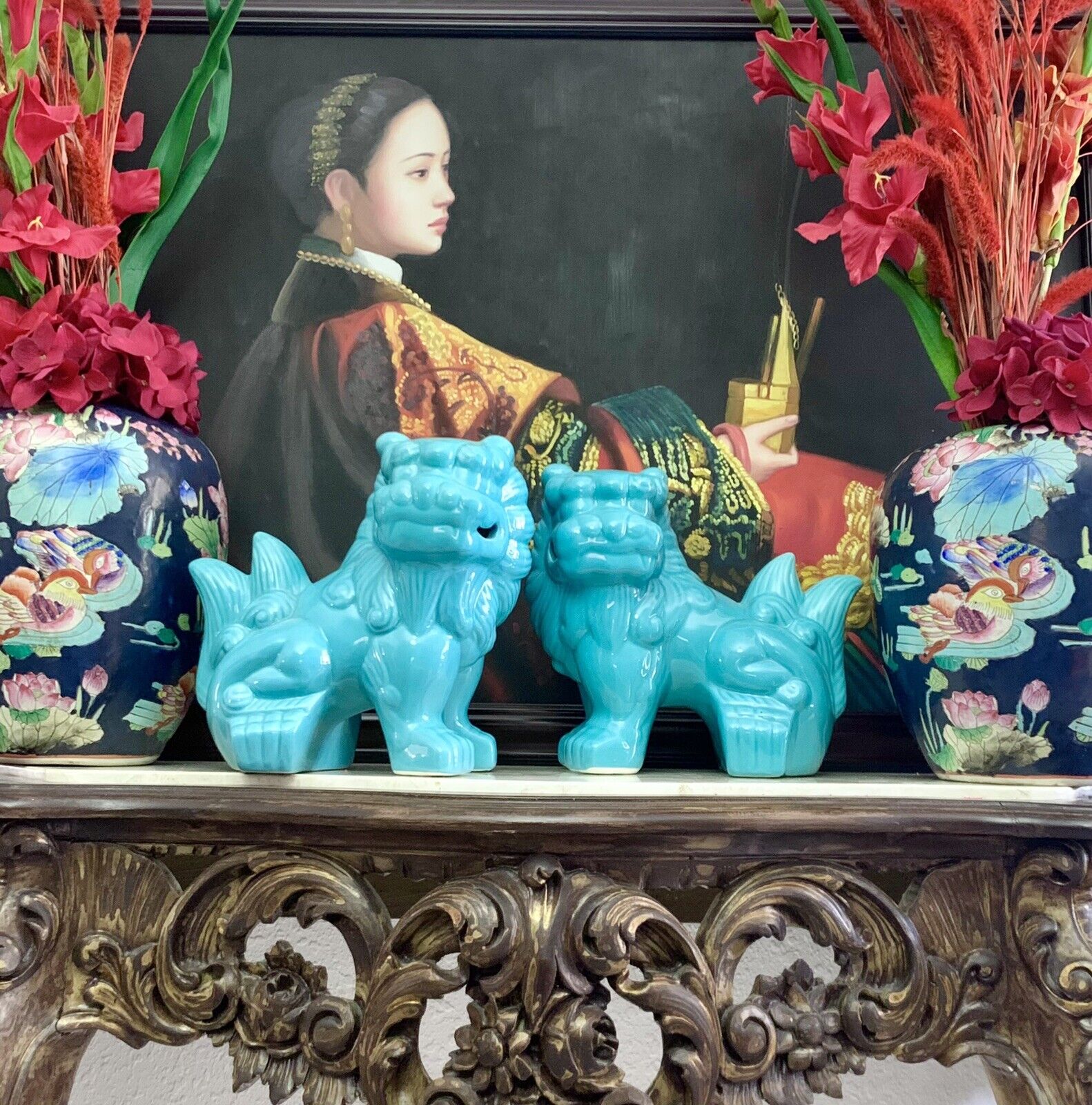 Foo Dog Figurine Pair Fu Lion Guardian Porcelain Vintage Oriental Decor