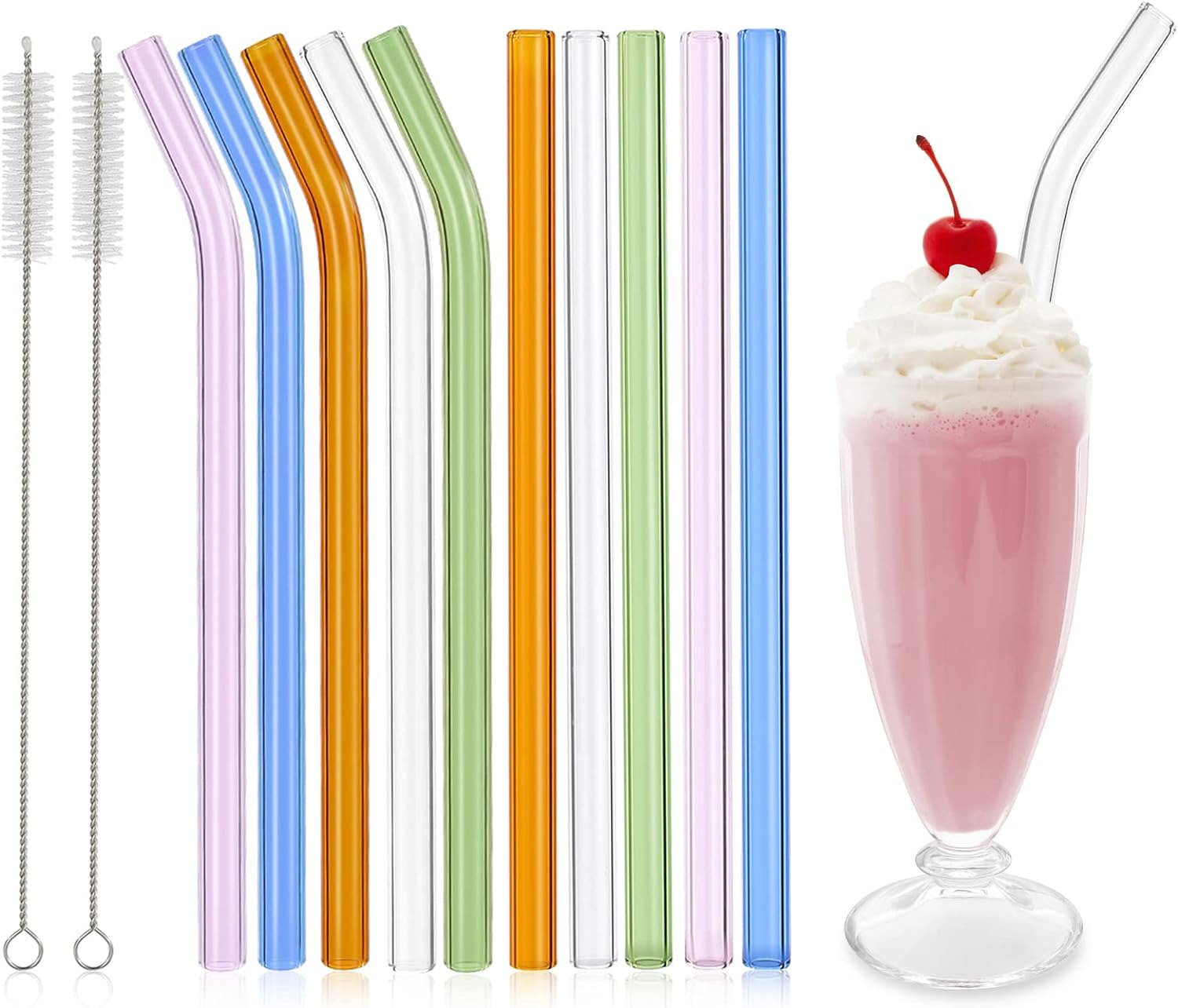 10 Pcs Reusable Glass Smoothie Straws,9\'\'X12 Mm Glass Drinking Straws for Milksh