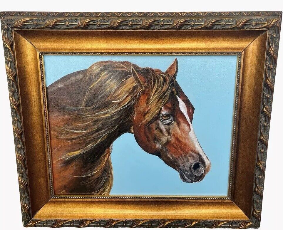 Vintage Oil Painting Horse Stallion Gold Frame Artist Signed Realism Original